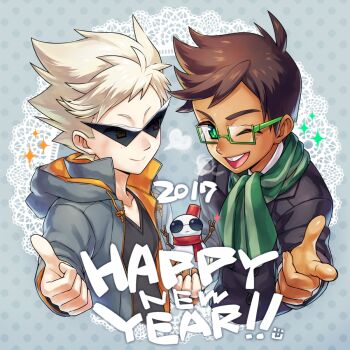 2017 2boys ascot aviator_sunglasses black_jacket black_shirt brown_hair buck_teeth buttons closed_mouth commentary_request cropped_torso dark-skinned_male dark_skin dirk_strider doily double-breasted double_v drawstring fez_hat finger_gun green-framed_eyewear green_ascot green_eyes grey_background grey_jacket happy_new_year hat heterochromia holding_snowman homestuck hood hood_down hooded_jacket jacket jake_english long_sleeves looking_at_another looking_at_viewer male_focus multiple_boys new_year nijuu one_eye_closed open_mouth orange_eyes orange_jacket rectangular_eyewear red_eyes red_scarf scarf semi-rimless_eyewear shirt short_hair smile snowman sparkle stick sunglasses teeth thumbs_up tongue triangular_eyewear two-sided_fabric two-sided_jacket under-rim_eyewear upper_body v white_hair white_shirt