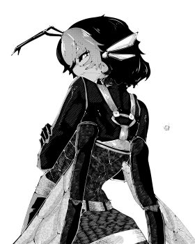 Rule 34 | antennae, arthropod girl, backless outfit, beak, belt, crossed arms, extra arms, highres, insect wings, looking at viewer, miregeist, monochrome, original, skirt, suspenders, wings