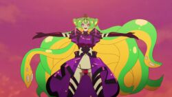 1girl absurdly_long_hair animated anime_screenshot black_gloves blonde_hair bouncing_breasts breasts colored_skin cthulhu_(necronomico_no_cosmic_horror_show) cygames dress elbow_gloves eldritch_abomination gloves gradient_hair green_hair green_skin groin highres large_breasts long_hair mayusaka_mayu multicolored_hair navel necronomico_no_cosmic_horror_show outstretched_arms panties possessed possession purple_dress red_eyes red_hair red_panties revealing_clothes sound star-shaped_pupils star_(symbol) stomach symbol-shaped_pupils tagme thighs thong underwear very_long_hair video wide_hips