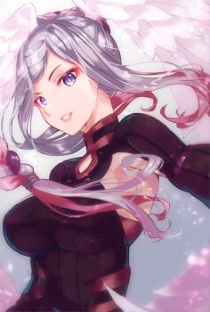 1girl armpit_cutout breasts clothing_cutout grey_eyes head_wings highres large_breasts looking_at_viewer risumi_(taka-fallcherryblossom) silver_hair solo tyrea_(xenoblade) upper_body wings xenoblade xenoblade_chronicles_(series) xenoblade_chronicles_1