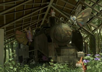 :&gt; absurdres animal_focus beautifly blue_eyes bug cascoon closed_mouth commentary_request dustox evolutionary_line flower flying gen_3_pokemon grass highres insect_wings king_joe_(neoroto) leaf nintendo no_humans pokemon pokemon_(creature) pokemon_focus purple_flower red_eyes silcoon smile spikes train wings wurmple yellow_eyes