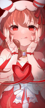 1girl absurdres animal_ears bare_shoulders blush bow breasts brown_hair closed_mouth commentary_request detached_sleeves dress ear_covers ear_ribbon hair_between_eyes hair_ornament hands_on_own_face heart highres horse_ears horse_girl kurumiya_(krmy_p) long_hair looking_at_viewer red_dress red_eyes red_ribbon ribbon small_breasts solo still_in_love_(scarlet_vow_raiment)_(umamusume) still_in_love_(umamusume) string string_of_fate tongue tongue_out umamusume veil white_streaks white_veil