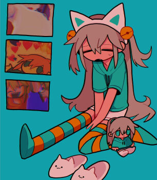 1girl =_= alternate_costume animal_ears animal_slippers aqua_background aqua_hoodie between_legs blue_shorts cat_ears cat_slippers character_doll closed_eyes collarbone doll fake_animal_ears fang grey_hair hair_bobbles hair_ornament hand_between_legs highres hood hood_down hoodie horizontal-striped_socks ichika-chan_(iiiichimaru_03) iiiichimaru_03 long_hair mob_face open_mouth original ponytail short_sleeves shorts sidelocks simple_background sitting slippers small_sweatdrop socks striped_clothes striped_socks two_side_up white_shorts white_socks