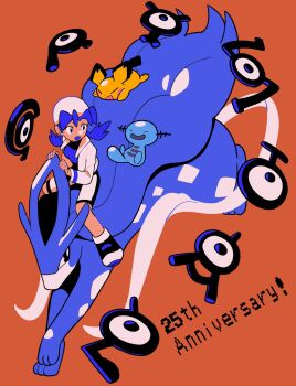 Rule 34 | 1girl, :d, anniversary, black eyes, blue hair, brown background, commentary request, flipped hair, gen 2 pokemon, hat, highres, jacket, kris (pokemon), legendary pokemon, nintendo, open clothes, open jacket, open mouth, pichu, pokemon, pokemon (creature), pokemon gsc, riding, riding pokemon, shirt, shoes, shorts, sitting, smile, suicune, twintails, tyako 089, unown, white hat, white jacket, wooper