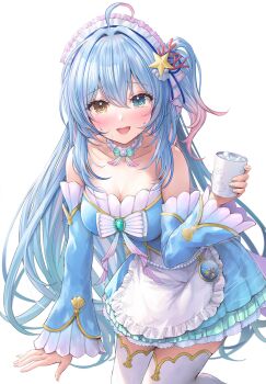 1girl @_@ ahoge aoi_minato_(vtuber) blue_dress blue_eyes blue_hair blue_sleeves blush breasts commentary_request commission coral_hair_ornament cup dress hair_ornament heterochromia highres holding holding_cup long_hair looking_at_viewer luminaria_pro medium_breasts mirukurim multicolored_hair one_side_up open_mouth pink_hair shell shell_hair_ornament skeb_commission solo strapless strapless_dress thighhighs two-tone_hair virtual_youtuber white_thighhighs yellow_eyes
