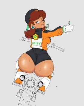 1girl ass ass_freckles blonde_hair body_freckles brown_hair freckles gloves jacket leotard looking_back motor_vehicle motorcycle narrowed_eyes one_eye_closed princess_daisy smirk tan thumbs_up