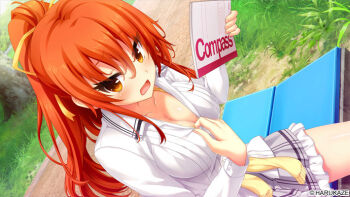 Rule 34 | 1girl, asuhara yuuki, blush, breasts, cleavage, collarbone, collared shirt, copyright notice, day, dutch angle, grass, hair between eyes, hair ribbon, high ponytail, large breasts, long hair, long sleeves, looking at viewer, nora to oujo to noraneko heart, official art, oozora itsuki, open mouth, orange eyes, orange hair, orange ribbon, outdoors, ponytail, ribbon, shirt, sitting, solo, white shirt, wing collar