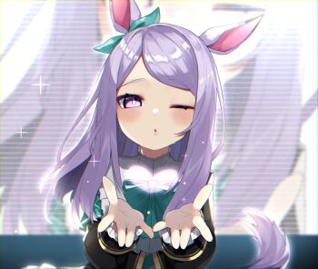 1girl animal_ears black_jacket blowing_kiss blush bow commentary_request ear_bow green_bow heart highres horse_ears horse_girl horse_tail jacket long_hair mejiro_mcqueen_(frontline_elegance)_(umamusume) mejiro_mcqueen_(umamusume) one_eye_closed purple_eyes purple_hair reirou_(chokoonnpu) screen solo sparkle tail umamusume umapyoi_densetsu