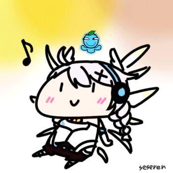 1girl animated animated_gif braid headset honkai_(series) honkai_impact_3rd kiana_kaslana kiana_kaslana_(knight_moonbeam) lenny_face lowres multicolored_background musical_note seseren smile twin_braids white_hair