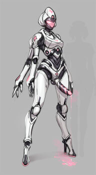 1girl android breasts commentary english_commentary extra_arms full_body futanari grey_background high_heels highres mechanical_penis medium_breasts original robot_girl silhouette simple_background solo standing tarakanovich testicles