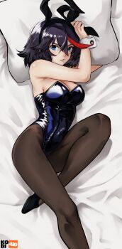 1girl absurdres alternate_costume animal_ears artist_logo bed black_hair black_leotard black_pantyhose blue_eyes breasts commentary fake_animal_ears highres kill_la_kill kobi420 leotard logo looking_at_viewer matoi_ryuuko medium_breasts multicolored_hair on_bed pantyhose pillow pillow_grab pink_hair playboy_bunny rabbit_ears red_hair short_hair solo symbol-only_commentary two-tone_hair wrist_cuffs