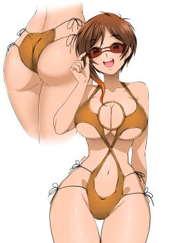 1girl absurdres adjusting_eyewear alternate_costume arm_behind_back ass asymmetrical_hair bad_id breasts brown_eyes brown_hair cleavage coco_adel eudetenis female_focus gluteal_fold highres large_breasts looking_at_viewer medium_hair multiple_views navel rwby slingshot_swimsuit smile swimsuit teeth thigh_gap thighs underboob unknown_creation_date upper_teeth_only