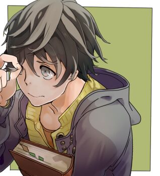 1boy black_hair black_jacket book bookmark border brown_shirt closed_mouth collarbone green_background grey_eyes holding holding_book hood hood_down hooded_jacket jacket long_sleeves male_focus nervous original outside_border playing_with_own_hair shirt short_hair simple_background solo t-shirt tukasac upper_body white_border yellow_jacket