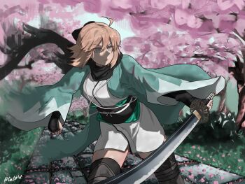 Rule 34 | 1girl, absurdres, ahoge, arm guards, black scarf, blonde hair, breasts, cherry blossoms, clenched hand, closed mouth, cowboy shot, expressionless, fate/grand order, fate (series), green haori, grey eyes, haori, highres, holding, holding sword, holding weapon, japanese clothes, katana, kimono, looking to the side, medium breasts, obi, obiage, obijime, okita souji (fate), okita souji (koha-ace), okita souji (third ascension) (fate), sash, scarf, short kimono, sidelighting, solo, sword, tinloffel, tree, weapon