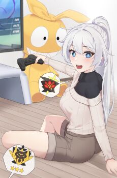1girl :d ahoge blue_eyes breasts brown_shorts controller game_controller highres holding holding_controller holding_game_controller homu_(honkai_impact) honkai_(series) honkai_impact_3rd hyunjjing indoors kiana_kaslana large_breasts long_hair long_sleeves looking_at_viewer open_mouth ponytail ribbed_sweater shorts smile solo star_(symbol) sweater television very_long_hair white_hair white_sweater wooden_floor