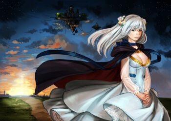 1girl bad_id bad_pixiv_id blue_dress blue_eyes breasts cleavage cloak cloud covered_navel deng_deng dress female_focus floating_island flower hair_flower hair_ornament large_breasts lips long_hair long_sleeves looking_at_viewer nose original outdoors path realistic road science_fiction see-through_clothes solo star_(sky) twilight upper_body walking white_hair wind