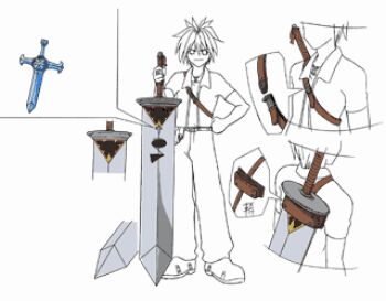 00s 1boy reference_sheet haru_glory lowres male_focus model_sheet rave_(manga) solo spiked_hair sword weapon