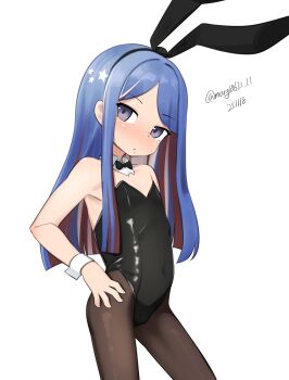 1girl absurdres aged_down animal_ear_hairband animal_ears black_bow black_bowtie black_leotard black_pantyhose blue_eyes blue_hair bow bowtie contrapposto covered_navel dated detached_collar fake_animal_ears flat_chest hairband highres kantai_collection leotard maru_(marg0613) multicolored_hair one-hour_drawing_challenge pantyhose playboy_bunny rabbit_ears red_hair simple_background solo south_dakota_(kancolle) strapless strapless_leotard streaked_hair twitter_username white_background white_hair wrist_cuffs