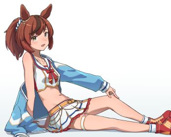 1girl animal_ears belt blue_jacket blush bow breasts brown_eyes brown_hair cheerleader cocoa_inryo collarbone crop_top highres horse_ears horse_girl horse_tail jacket jacket_partially_removed looking_at_viewer medium_hair midriff multicolored_hair navel nice_nature_(run&amp;win)_(umamusume) nice_nature_(umamusume) open_clothes open_jacket open_mouth ponytail red_bow shirt shoes simple_background single_bare_shoulder skirt smile socks solo streaked_hair tail thigh_strap umamusume white_background white_shirt white_skirt white_socks yellow_belt