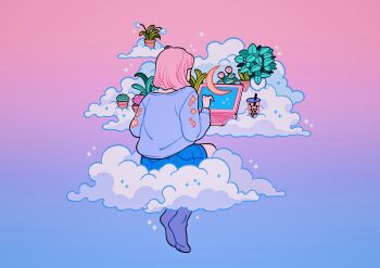 1girl above_clouds blue_background blue_shorts blue_socks blue_sweater bubble_tea cloud computer crescent cup drinking_straw facing_away flower from_behind full_body gradient_background grey_socks hair_over_shoulder highres laptop leaf meyoco on_cloud original pink_background pink_flower pink_hair plant potted_plant print_shirt purple_background purple_shirt shirt shorts sitting socks solo sparkle succulent_plant sweater white_flower