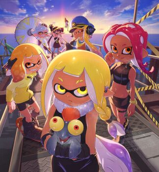 6+girls agent_3_(splatoon) agent_3_(splatoon_3) agent_4_(splatoon) agent_8_(splatoon) black_dress black_gloves blonde_hair blue_hat braid callie_(alterna)_(splatoon) callie_(splatoon) cap'n_cuttlefish captain_3_(splatoon) character_request check_character closed_mouth coat dress full_body gloves hat headphones highres holding holding_umbrella inkling long_hair long_sleeves looking_at_viewer marie_(alterna)_(splatoon) marie_(splatoon) mole mole_under_eye multicolored_hair multiple_girls nintendo octoling official_alternate_costume open_mouth orange_eyes outdoors ovolo123 parasol patchwork_clothes peaked_cap pointy_ears salmonid shirt short_hair shorts smallfry_(splatoon) smile splatoon_(series) splatoon_3 strapless sunset symbol-shaped_pupils tentacle_hair umbrella yellow_eyes