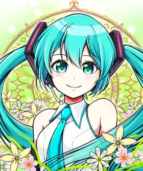 1girl blue_eyes blue_hair collared_shirt commentary_request dec_madoka detached_sleeves flower hair_ornament hatsune_miku headphones headset highres long_hair looking_at_viewer necktie portrait shirt sleeveless sleeveless_shirt smile solo twintails vocaloid
