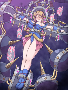 1girl absurdres baketsumuri blonde_hair blue_boots blue_eyes blush boots breasts byser_shock cleavage commentary_request crucifixion dark_magician_girl duel_monster green_eyes highres large_breasts long_hair no_headwear one_eye_closed pelvic_curtain restrained spikes translated vambraces yu-gi-oh!