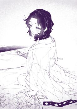 1girl animal_print blush breasts butterfly_hair_ornament butterfly_print butterfly_print_haori cleavage commentary_request gysn_hihihi3 hair_down hair_ornament half-closed_eyes haori highres japanese_clothes kimetsu_no_yaiba kneeling kochou_shinobu long_sleeves medium_breasts medium_hair messy_hair naked_robe on_bed parted_bangs print_haori robe sidelocks sleeping solo squeans twitter_username unworn_hair_ornament