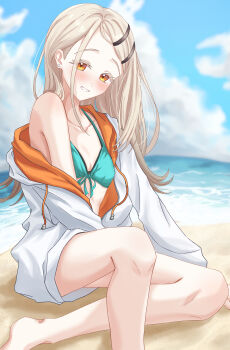 1girl absurdres bare_legs bare_shoulders barefoot beach bikini blonde_hair blush colored_eyelashes commentary flipped_hair front-tie_bikini_top front-tie_top gakuen_idolmaster gradient_hair green_bikini grey_hair hair_ornament hairclip highres idolmaster jacket jacket_over_swimsuit jacket_partially_removed kimi_to_semi_blue_(idolmaster) long_hair looking_at_viewer memai_(memai1129) multicolored_hair official_alternate_costume on_ground orange_eyes outdoors parallel_hairclips sand shinosawa_hiro sitting smile solo swimsuit two-sided_fabric two-sided_jacket very_long_hair white_jacket