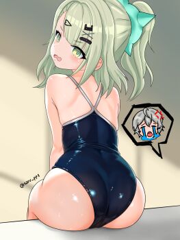 1girl absurdres anger_vein ass bare_shoulders blue_one-piece_swimsuit crying from_behind green_eyes green_hair grey_hair hair_ornament hairclip highres loli looking_at_viewer meme one-piece_swimsuit open_mouth saruppi school_swimsuit sitting skindentation spoken_character streaming_tears sunna_(zenless_zone_zero) swimsuit tears uohhhhhhhhh!_(meme) wise_(zenless_zone_zero) zenless_zone_zero
