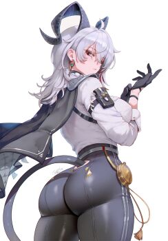 1girl ass ass_focus blush breasts butt_crack cape from_behind from_below gloves grey_hair horns huge_ass large_breasts long_hair looking_at_viewer looking_back pants red_eyes reikarts shirt sideboob solo tail tight_clothes tight_pants wuthering_waves zani_(wuthering_waves)