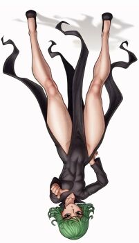 1girl black_dress breasts closed_mouth collarbone covered_navel curly_hair dress flipped_hair green_eyes green_hair groin hand_on_own_hip highres long_sleeves looking_at_viewer one-punch_man pelvic_curtain petite pointing pointing_at_viewer redteneri serious simple_background skin_tight small_breasts solo tatsumaki thick_thighs thighs upside-down white_background