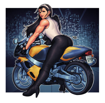 1girl _99vj ass black_hair boots breasts brown_eyes female_focus hairband heel_up high_heels holding huge_ass huge_breasts jacket kagura_chizuru large_breasts long_hair looking_at_viewer motor_vehicle motorcycle outdoors pale_skin pants riding shirt smile smiley_face the_king_of_fighters thick_thighs thighs undressing vj99 white_shirt