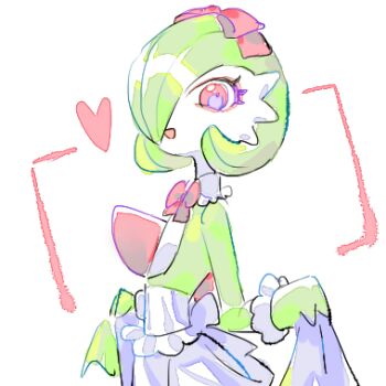 bob_cut bow colored_skin gardevoir gen_3_pokemon green_hair green_skin hair_over_one_eye heart lowres multicolored_skin nintendo pink_bow pink_eyes pokemon pokemon_(creature) raine_(acke2445) simple_background smile two-tone_skin white_background white_skin