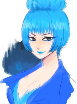 Rule 34 | 1girl, animification, blue fire, blue hair, blue lips, closed mouth, commentary request, disneyland, dress, fiery hair, fire, formal clothes, gloves, hercules (1997 movie), lipstick, long sleeves, looking at viewer, makeup, ms. hades, rito0520, simple background, solo, suit