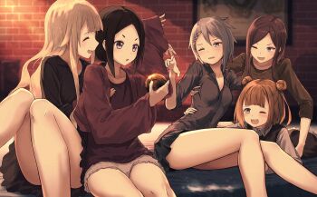 5girls :d ;d ^_^ ange_(princess_principal) beatrice_(princess_principal) black_hair black_shirt black_skirt blonde_hair blue_eyes blurry blush braid breasts brick_wall brown_eyes brown_hair cavorite_ball closed_eyes collarbone collared_shirt commentary depth_of_field dorothy_(princess_principal) double_bun green_shirt hair_between_eyes hair_bun hair_flaps half_updo head_tilt indoors lens_flare long_hair long_sleeves looking_at_another lying medium_breasts multiple_girls nose_blush on_stomach one_eye_closed open_mouth parted_bangs parted_lips pleated_skirt princess_(princess_principal) princess_principal profile purple_eyes revision shirt sitting skirt sleeves_past_wrists smile sweatdrop swept_bangs tears toudou_chise very_long_hair wing_collar yukitake_(bullfalk)