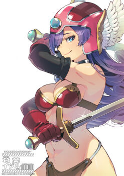 armor artist_name bikini_armor black_sleeves blue_eyes breasts cleavage dragon_quest dragon_quest_iii helmet holding holding_sword holding_weapon kuzuno_ha light_smile long_hair purple_hair revealing_swimsuit_(dq) simple_background stomach sword warrior_(dq3) weapon