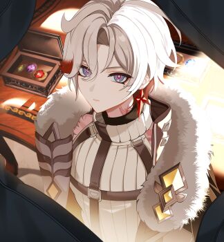1boy absurdres blue_eyes coat commentary earrings eyes_visible_through_hair fur-trimmed_coat fur_trim gem genshin_impact green_gem grey_hair hair_between_eyes hair_over_one_eye highres illuga_(genshin_impact) jewelry male_focus mole mole_under_eye multicolored_hair naru9 purple_gem red_gemstone red_hair red_pupils scar scar_on_neck silver_trim single_earring sleeveless sleeveless_turtleneck solo sweater symbol-only_commentary turtleneck turtleneck_sweater two-tone_hair yellow_gem