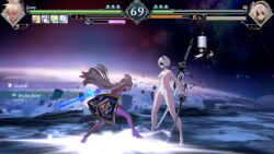 2b_(nier:automata) 2girls 3d animated breasts crossover dark-skinned_female dark_skin fighting granblue_fantasy granblue_fantasy_versus:_rising highres multiple_girls nier:automata nier_(series) nipples nude nude_filter nude_mod outdoors sound sword tagme third-party_edit video weapon white_hair zooey_(granblue_fantasy)