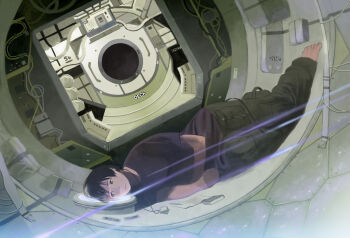 Rule 34 | 1girl, bad id, bad pixiv id, barefoot, black eyes, black hair, cable, female focus, indoors, international space station, lens flare, lying, notepad, on side, original, pen, realistic, science fiction, shiira, short hair, solaris (stanislaw lem), solo, spacecraft, spacecraft interior, window