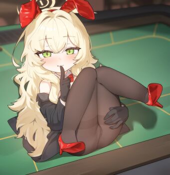 1girl absurdres animal_ear_hairband animal_ears black_coat black_gloves black_pantyhose blonde_hair blue_archive blush bow bowtie casino_card_table coat crotch_seam detached_collar fake_animal_ears finger_to_mouth freehoney full_body gloves green_eyes hairband halo high_heels highres legs_up loli long_hair long_sleeves lying on_back on_table paid_reward_available pantyhose parted_lips professor_niyaniya_(blue_archive) rabbit_ear_hairband rabbit_ears red_bow red_bowtie red_shoes shoes shushing solo table thighband_pantyhose wavy_hair yellow_halo