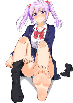 1girl barefoot black_socks blush feet highres long_hair looking_at_viewer original purple_eyes purple_hair school_uniform socks soles toes twintails unworn_socks yu_yukiru
