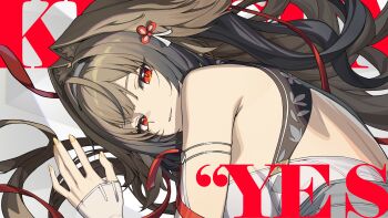 Rule 34 | 1girl, absurdres, animal ears, bare shoulders, black hair, brown hair, clothing cutout, duplicate, english text, fox ears, fox girl, gradient hair, hair ornament, hashtag-only commentary, highres, light smile, long hair, looking at viewer, madyy, multicolored hair, red eyes, very long hair, ye shunguang, yellow nails, zenless zone zero