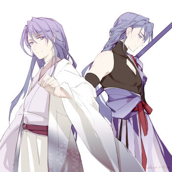 Rule 34 | 2boys, arm up, artist name, black bodysuit, blunt bangs, bodysuit, bridal gauntlets, brothers, chinese commentary, closed mouth, clothing cutout, commentary request, covered pectorals, diamond cutout, engulfing lightning (genshin impact), expressionless, from side, genderswap, genderswap (ftm), genshin impact, hair between eyes, hair intakes, highres, holding, holding polearm, holding weapon, japanese clothes, kimono, light smile, ljayu, long hair, looking down, looking to the side, makoto (genshin impact), mole, mole under eye, multiple boys, muscular, muscular male, off shoulder, pectoral cleavage, pectorals, polearm, purple eyes, purple hair, raiden shogun, siblings, simple background, single bare shoulder, sleeveless, standing, twins, upper body, weapon, white background, wide sleeves