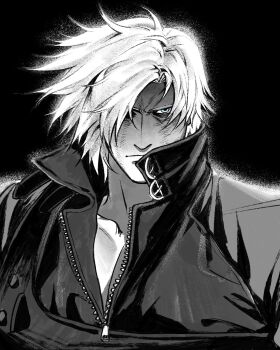 1boy black_background closed_mouth collared_jacket commentary dante_(devil_may_cry) devil_may_cry devil_may_cry_(series) devil_may_cry_2 floating_hair furrowed_brow gimamu222 hair_over_one_eye highres jacket male_focus one_eye_covered parted_hair popped_collar short_hair simple_background solo upper_body zipper zipper_pull_tab