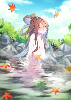 1girl 2others breasts brown_hair bush character_request cleavage closed_eyes completely_nude convenient_censoring duel_monster highres large_breasts leaf leaf_censor long_hair maple_leaf maple_maiden mosui_(kori_can) multiple_others navel nude onsen outdoors partially_submerged rock solo_focus very_long_hair voyeurism water yu-gi-oh!