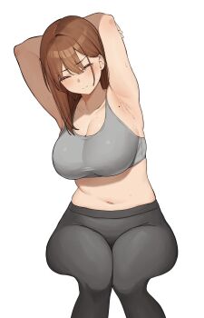 1girl armpits arms_behind_head bad_anatomy bad_leg black_leggings blush breasts brown_hair cleavage closed_eyes closed_mouth collarbone commentary_request grey_sports_bra highres large_breasts leggings long_hair mole mole_on_arm mole_on_armpit mole_under_eye navel ol-chan_(udon) original simple_background solo sports_bra stomach stretching udon_(udonalium) white_background workout_clothes