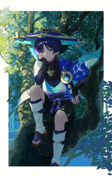 1boy absurdres asymmetrical_sleeves bishounen black_boots black_bridal_gauntlets black_shorts blue_background blue_hat boots border branch bridal_gauntlets cape cheek_rest closed_mouth day elbow_on_knee foliage foot_out_of_frame genshin_impact hand_on_own_cheek hand_on_own_face hat highres jewelry knee_up light_frown looking_at_viewer male_focus mmmygp multicolored_boots on_branch on_tree open-toe_boots outdoors ring scaramouche_(genshin_impact) short_sleeves shorts sidelighting sitting sitting_on_branch solo split_mouth tree two-tone_boots vision_(genshin_impact) wanderer_(genshin_impact) white_boots white_border