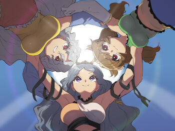 3girls armpits bare_shoulders blue_skirt blue_sky breasts brown_hair chirizuka_ubame closed_mouth commentary_request crop_top crown detached_sleeves frills from_below gold_crown gold_tiara green_shirt grey_hair grin hands_on_another&#039;s_shoulders large_breasts long_hair looking_at_another low_twintails medium_breasts monkey_girl multiple_girls purple_eyes red_eyes red_skirt sakata_nemuno shirt single_detached_sleeve skirt sky sleeveless sleeveless_shirt smile son_biten sun syope teeth touhou twintails very_long_hair wavy_hair yellow_shirt