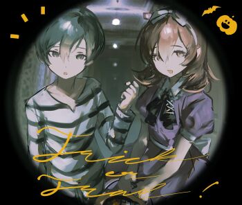 1boy 1girl :d :o aged_down alice_(megami_tensei) alice_(megami_tensei)_(cosplay) back_bow black_border blue_dress blue_eyes blue_hair border bow bow_hairband brown_eyes brown_hair child commentary commentary_request cosplay cowboy_shot dress english_commentary flipped_hair hair_between_eyes hairband halloween hand_up highres indoors k1kiwa long_sleeves looking_at_viewer notice_lines open_mouth persona persona_3 pharos pharos_(cosplay) puffy_sleeves round_border shirt short_hair short_sleeves smile striped_clothes striped_shirt takeba_yukari trick_or_treat two-tone_shirt white_bow white_hairband white_shirt wing_collar yuuki_makoto_(persona_3)